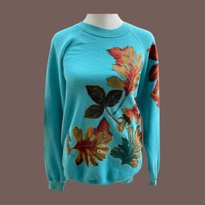 Vintage Hanes Men's Long Sleeve Handcrafted Leaves & Piping Aqua Blue Sweater M